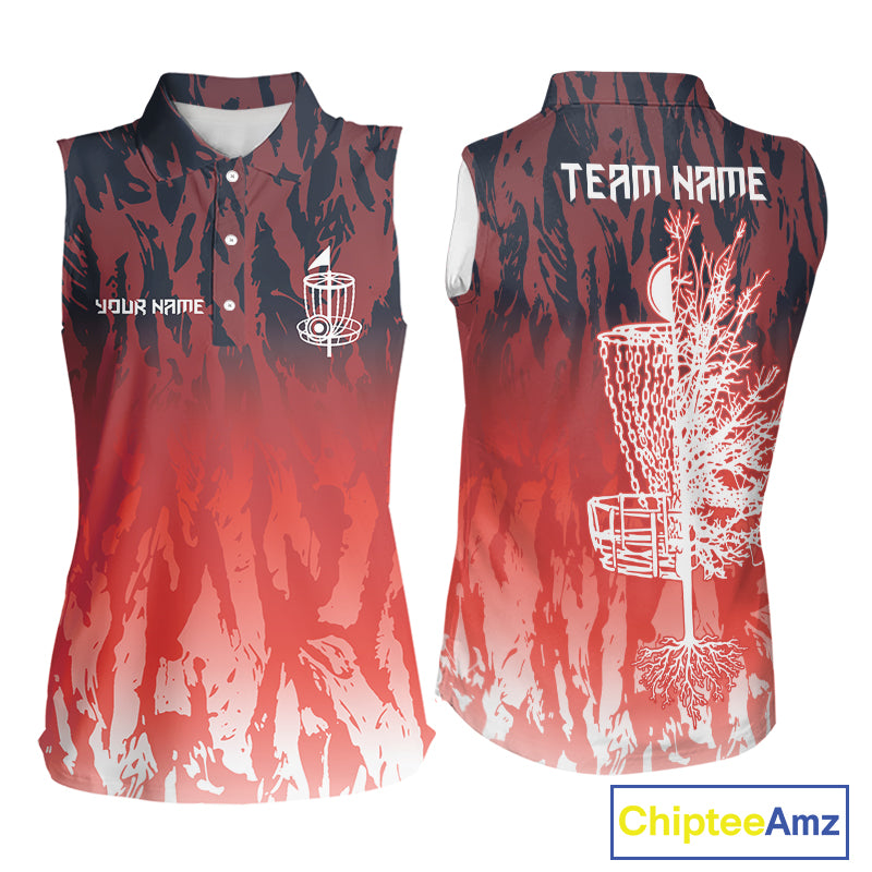 Disc golf basket red camo Women sleeveless polo shirt custom disc golf jerseys team shirts for ladies NQS10347