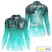 Load image into Gallery viewer, Disc golf basket Cyan Blue camo Women disc golf polo shirt custom disc golf jerseys ladies team shirt NQS10348
