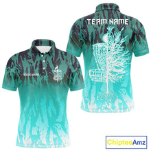 Load image into Gallery viewer, Disc golf basket Cyan Blue camo Men disc golf polo shirt custom disc golf jerseys team shirts for men NQS10348