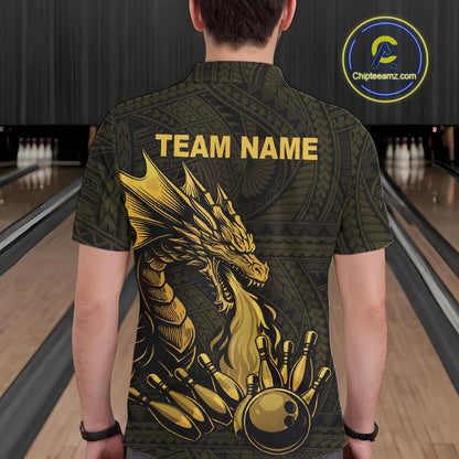 Custom Tribal pattern Gold Dragon Bowling Polo, Quarter Zip Shirt For Men, Bowling Team League Jersey NQS10349
