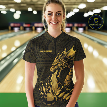 Custom Tribal pattern Gold Dragon Bowling Polo, 1/4 Zip Shirt For Women, Bowling Team League Jersey NQS10349