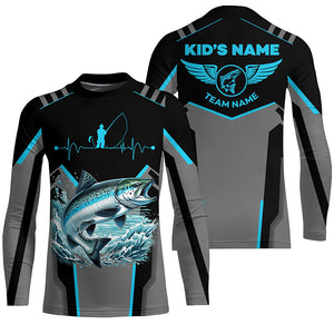 Personalized Black Chinook salmon Fishing jerseys, Team Fishing Long Sleeve tournament shirts| Blue NQS6271