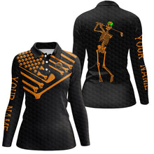 Load image into Gallery viewer, Women golf polo shirt Skeleton American flag custom black and orange Halloween shirts NQS8582