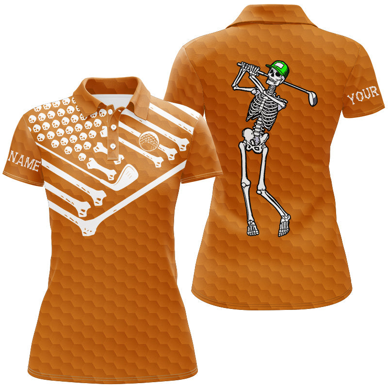 Women golf polo shirt Skeleton American flag custom white and orange Halloween shirts NQS8583