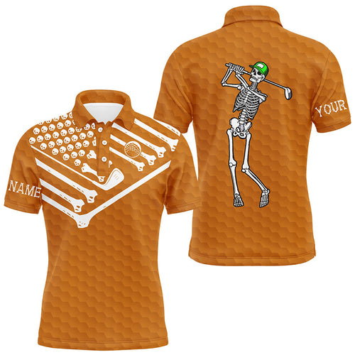 Mens golf polo shirt Skeleton American flag custom white and orange Halloween shirts NQS8583