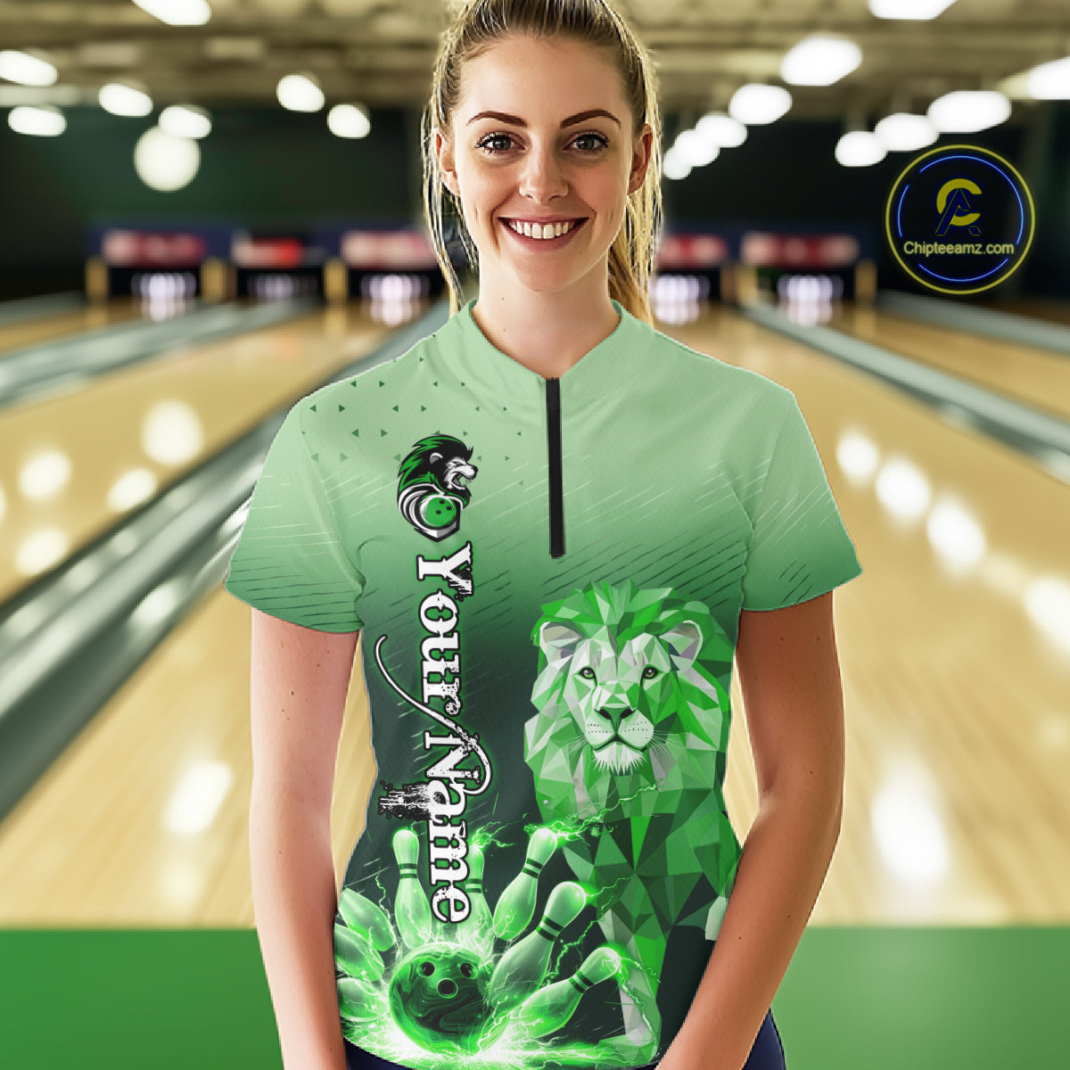 Green Lightning Lion Bowling Polo, Quarter Zip Shirts for Women Custom Lion Bowling Team jerseys NQS11568