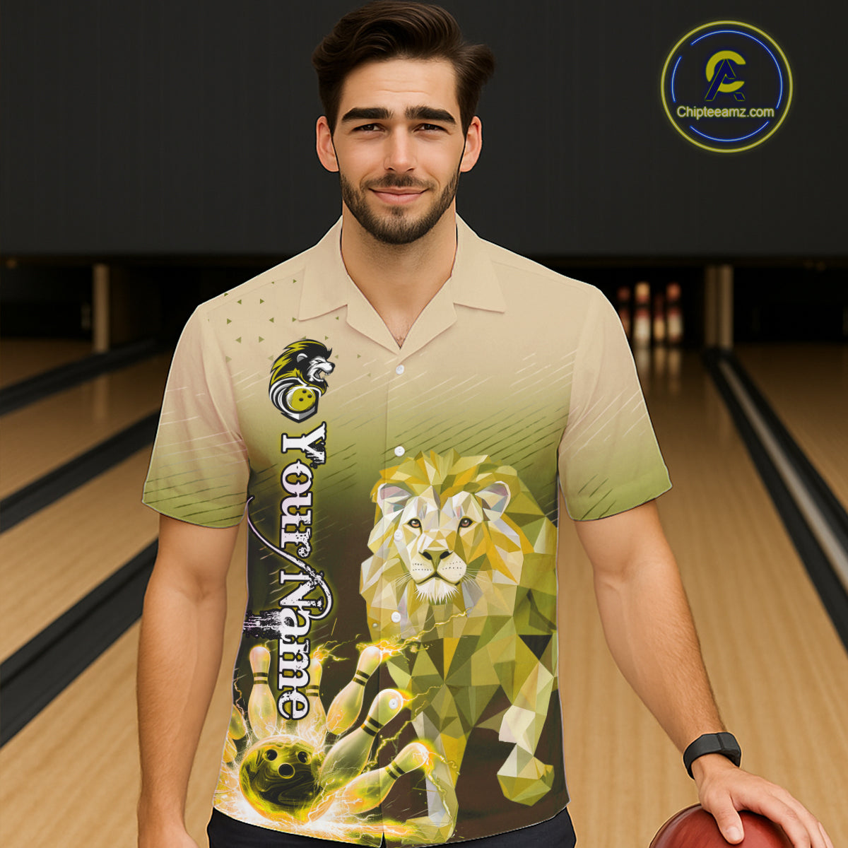 Yellow Lightning Lion Bowling Hawaiian Shirt Custom Lion Bowling Team jerseys NQS11569