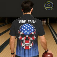 Load image into Gallery viewer, Black and Blue American Flag Skull Bowling Button-up Shirt Custom Patriotic Bowling Team jerseys NQS11699