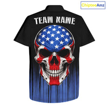 Load image into Gallery viewer, Black and Blue American Flag Skull Bowling Button-up Shirt Custom Patriotic Bowling Team jerseys NQS11699