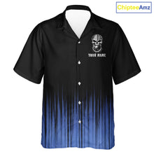 Load image into Gallery viewer, Black and Blue American Flag Skull Bowling Button-up Shirt Custom Patriotic Bowling Team jerseys NQS11699