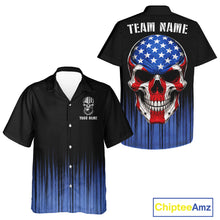 Load image into Gallery viewer, Black and Blue American Flag Skull Bowling Button-up Shirt Custom Patriotic Bowling Team jerseys NQS11699