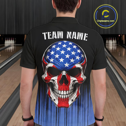 Black and Blue American Flag Skull Bowling Shirts for Men Custom Patriotic Bowling Team jerseys NQS11699