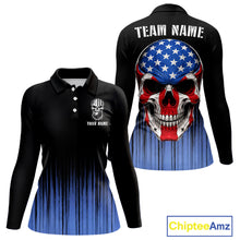 Load image into Gallery viewer, Black and Blue American Flag Skull Bowling Shirts for Women Custom Patriotic Bowling Team jerseys NQS11699