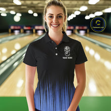 Load image into Gallery viewer, Black and Blue American Flag Skull Bowling Shirts for Women Custom Patriotic Bowling Team jerseys NQS11699