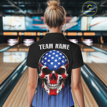 Load image into Gallery viewer, Black and Blue American Flag Skull Bowling Shirts for Women Custom Patriotic Bowling Team jerseys NQS11699