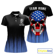 Load image into Gallery viewer, Black and Blue American Flag Skull Bowling Shirts for Women Custom Patriotic Bowling Team jerseys NQS11699