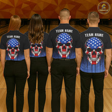 Load image into Gallery viewer, Black and Blue American Flag Skull Bowling Shirts for Women Custom Patriotic Bowling Team jerseys NQS11699