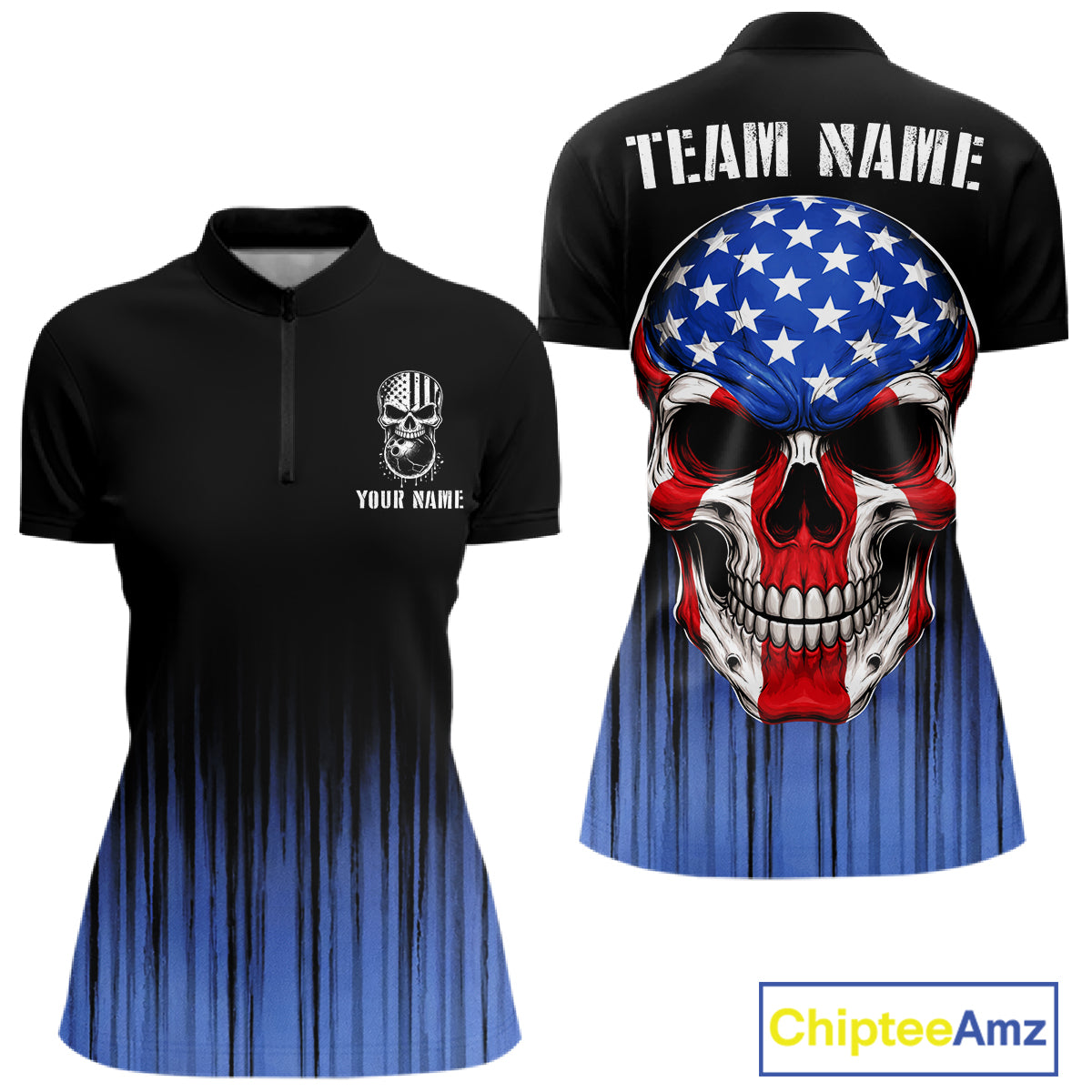 Black and Blue American Flag Skull Bowling Shirts for Women Custom Patriotic Bowling Team jerseys NQS11699