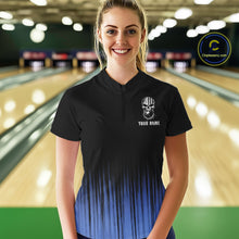 Load image into Gallery viewer, Black and Blue American Flag Skull Bowling Shirts for Women Custom Patriotic Bowling Team jerseys NQS11699