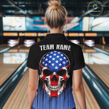 Load image into Gallery viewer, Black and Blue American Flag Skull Bowling Shirts for Women Custom Patriotic Bowling Team jerseys NQS11699