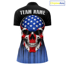 Load image into Gallery viewer, Black and Blue American Flag Skull Bowling Shirts for Women Custom Patriotic Bowling Team jerseys NQS11699