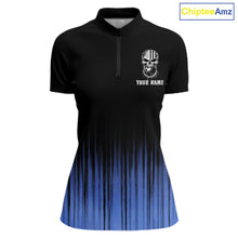 Load image into Gallery viewer, Black and Blue American Flag Skull Bowling Shirts for Women Custom Patriotic Bowling Team jerseys NQS11699
