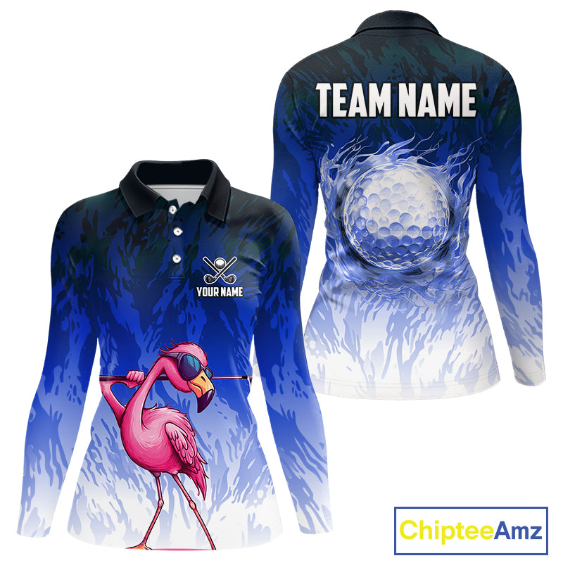 Funny Flamingo Blue camo flame golf ball Women Golf Polo Shirt Custom Flamingo Golf attire for ladies NQS9800