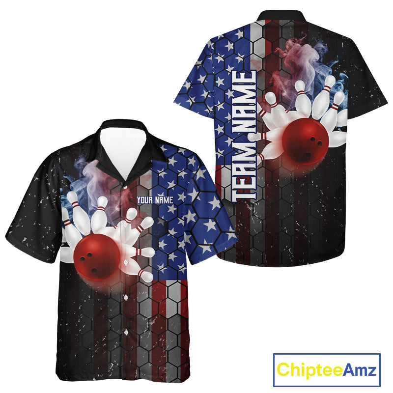 Smoke American Flag Vintage Women Hawaiian bowling shirt Custom Patriotic Bowling Team Button up shirt NQS9802
