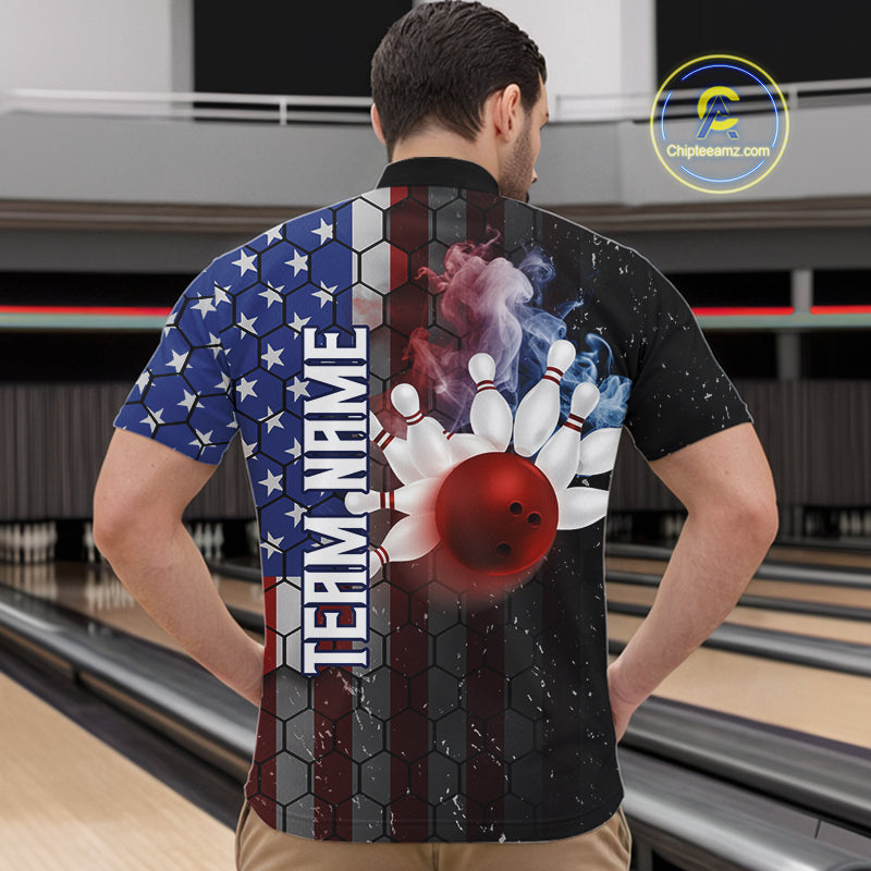Smoke American Flag Vintage Bowling Polo, 1/4 Zip Shirts For Men Custom Patriotic Bowling Team jerseys NQS9802