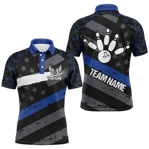 Black American flag Men bowling shirts Custom bowling camo Team Jerseys, gift for Bowlers | Blue NQS7575
