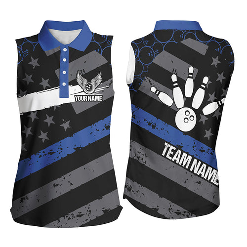 Black American flag Women Sleeveless Polos Custom bowling camo Team Jerseys, gift for Bowlers | Blue NQS7575