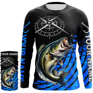 Personalized Bass fishing compass Long Sleeve Performance Fishing Shirts, Bass tournament Shirt | Blue NQS7576
