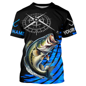 Personalized Bass fishing compass Long Sleeve Performance Fishing Shirts, Bass tournament Shirt | Blue NQS7576