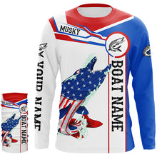 Load image into Gallery viewer, Angry Musky American flag patriotic fishing Custom name and boat name tournament fishing shirts NQS5601