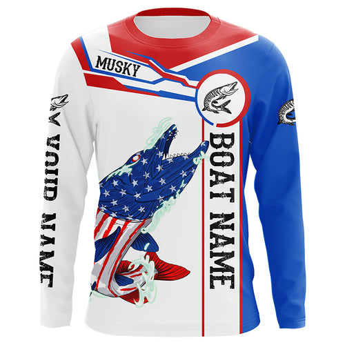 Angry Musky American flag patriotic fishing Custom name and boat name tournament fishing shirts NQS5601