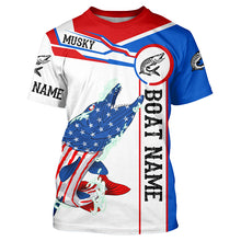 Load image into Gallery viewer, Angry Musky American flag patriotic fishing Custom name and boat name tournament fishing shirts NQS5601
