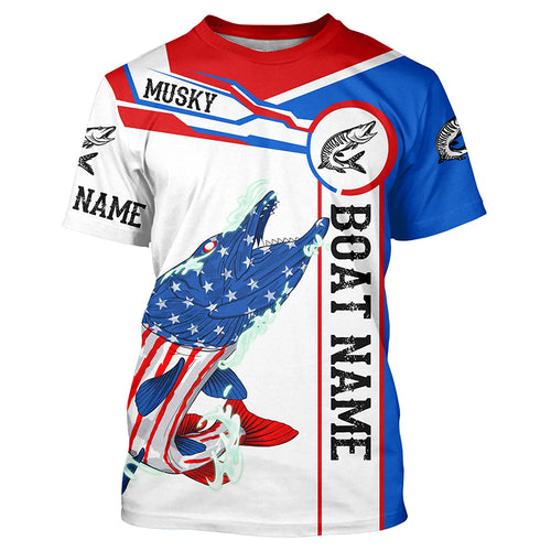 Angry Musky American flag patriotic fishing Custom name and boat name tournament fishing shirts NQS5601
