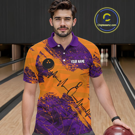 Orange & Purple Grunge Camo Heartbeat Bowling Polo, 1/4 Zip Shirt For Men Custom Bowling Team Jersey NQS10039