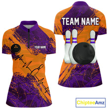 Load image into Gallery viewer, Orange and Purple Grunge Camo Heartbeat Women Bowling Polo, 1/4 Zip Shirt Custom Bowling Team Jersey NQS10039