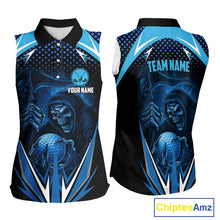 Load image into Gallery viewer, Women sleeveless golf polo shirt custom Blue Lightning reaper skull Golf team jersey golf attire NQS10206