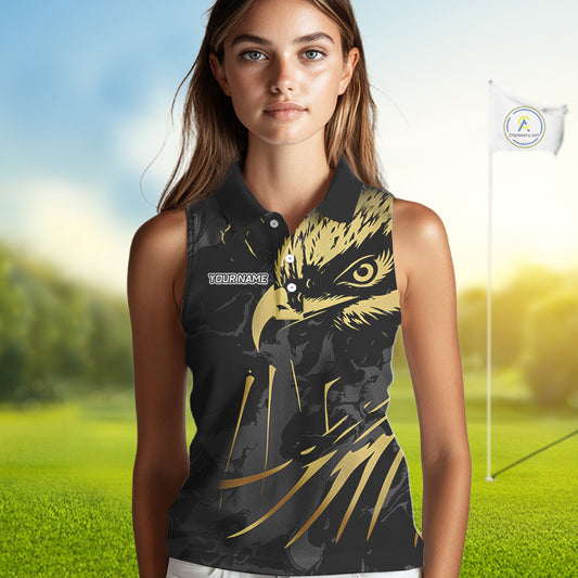 Black & Gold Eagle sleeveless golf polo shirts custom Women's golf team shirt, personalized golf gift NQS10208