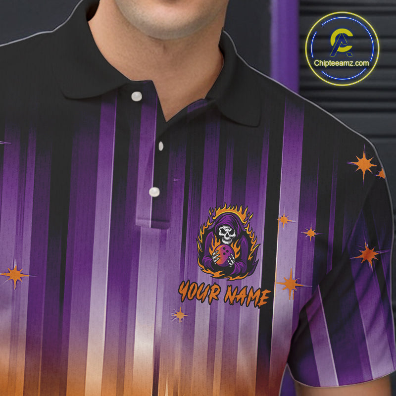 Custom Orange and Purple Flame Skull Halloween Bowling Shirts for Men, Halloween Bowling Team Jersey NQS10358