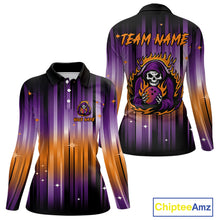 Load image into Gallery viewer, Custom Orange and Purple Flame Skull Halloween Bowling Shirt for Women, Halloween Bowling Team Jersey NQS10358