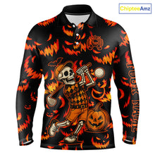 Load image into Gallery viewer, Orange and Black Halloween Pattern Funny Skull Golf polo shirt for men Custom Halloween Mens golf top NQS10352