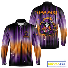 Load image into Gallery viewer, Custom Orange and Purple Flame Skull Halloween Bowling Shirts for Men, Halloween Bowling Team Jersey NQS10358