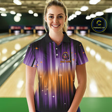 Load image into Gallery viewer, Custom Orange and Purple Flame Skull Halloween Bowling Shirt for Women, Halloween Bowling Team Jersey NQS10358
