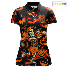 Load image into Gallery viewer, Orange and Black Halloween Pattern Funny Skull Golf polo shirt for Women Custom Halloween golf top NQS10352