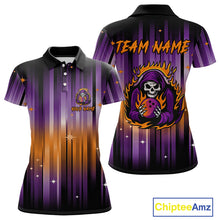 Load image into Gallery viewer, Custom Orange and Purple Flame Skull Halloween Bowling Shirt for Women, Halloween Bowling Team Jersey NQS10358