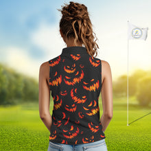 Load image into Gallery viewer, Orange and Black Halloween Pattern Funny Skull Golf sleeveless polo shirt Custom Halloween golf top NQS10352
