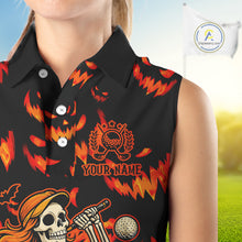 Load image into Gallery viewer, Orange and Black Halloween Pattern Funny Skull Golf sleeveless polo shirt Custom Halloween golf top NQS10352